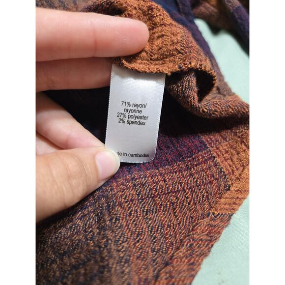 Maurices medium women's golden brown navy blue and orange button up flannel top - Picture 6 of 9